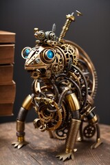 gold metal robot of a frog with sapphire blue marble eyes 