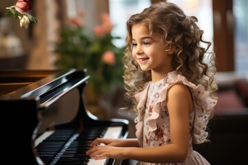 A young woman captivates the audience with her graceful piano performance at an intimate indoor...