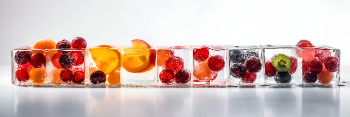 Frozen fruits and berries. ice cubes with whole berries. Summer freshness. Healthy eating. Vitamins.
