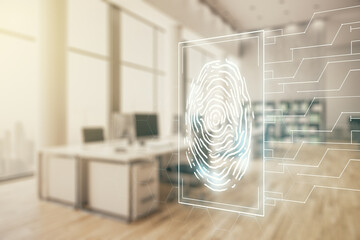 Multi exposure of virtual creative fingerprint hologram on modern corporate office background,...