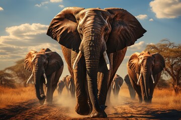 A majestic herd of indian, asian, and african elephants traverse a dusty road under the watchful eye of the sky, embodying the beauty and wonder of terrestrial wildlife on a breathtaking safari - Powered by Adobe