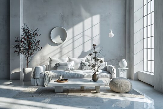 White modern living room, minimal home design mockup on empty bright background, 3d render