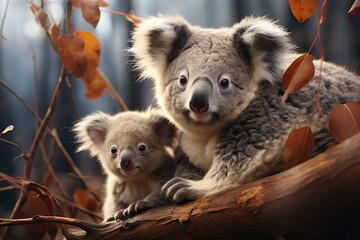 A loving mother koala and her adorable joey cling onto a sturdy tree branch, basking in the beauty of the great outdoors as they showcase their marsupial bond