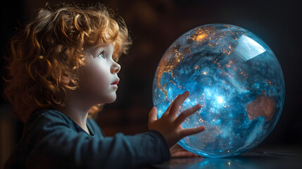 Naklejka premium a child examines a huge blue globe