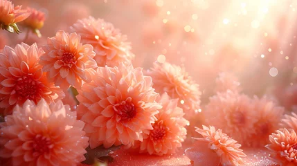 Foto op Canvas A background adorned with gorgeous light orange peach fuzz-colored dahlias and glitters, off-centered to allow for ample copy space against a bokeh-blurry background © ahbapx