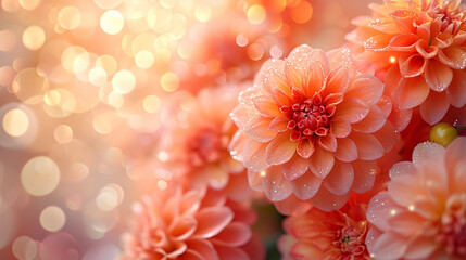 Gorgeous light orange peach fuzz-colored dahlias, enriched with glitters, creating a mesmerizing background. Off-centered for spacious copy placement against a bokeh-blurry backdrop