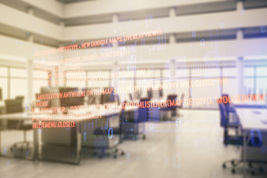 Double exposure of abstract creative programming illustration on a modern furnished office interior background, big data and blockchain concept