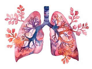 Human lungs with leaves watercolor illustration. AI generated