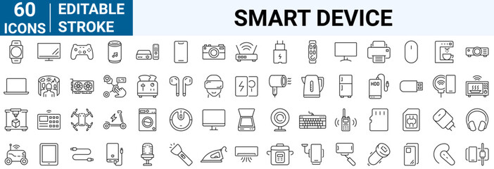 Smart device web line icons. Gadgets . Personal Devices Related Vector Line Icons. Tablet, laptop, phone, console, Smart Watch and more. Editable Stroke.