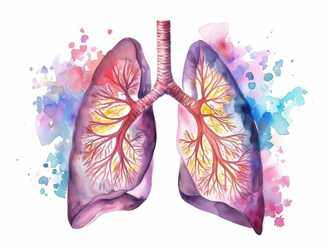 Human lungs with paint spots around it, watercolor illustration. AI generated