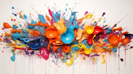 a burst of colorful paint splashes in various sizes, their energetic and lively forms adding a sense of spontaneity and excitement to the pristine white space.