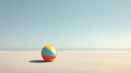 a single, brightly colored beach ball resting on the smooth, sunlit sand of a tranquil beach