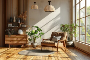 Modern living room with armchair. Scandinavian style interior design. 3D illustration. - obrazy, fototapety, plakaty
