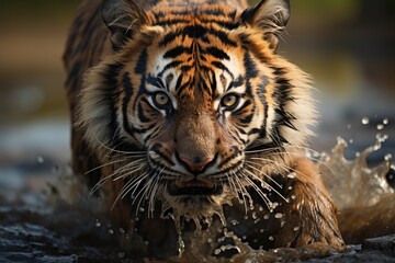 Graceful and powerful, a majestic bengal tiger leaps through the cool waters, its sleek fur glistening in the sunlight as it chases its prey with fierce determination