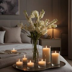 Glass Vase Adorned with Candles Gracing the Bedroom Bed.  AI generated.