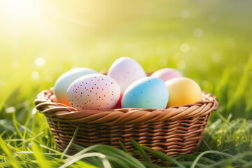 Happy Easter. Multicolor painted eggs in a wicker basket on a grengrass meadow at a sunny morning. Festive background. Spring season traditional decoration.