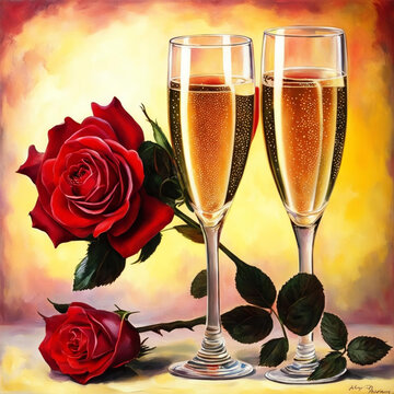 Champagne glasses and roses on a bright background for congratulations.