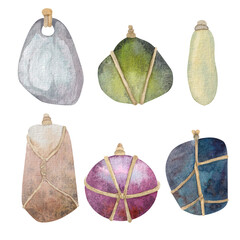 a set of stones for pendants, pendants, wrapped in rope. Red, green, brown, blue, mother-of-pearl, stone. Hand drawn in watercolors, cut out on white background