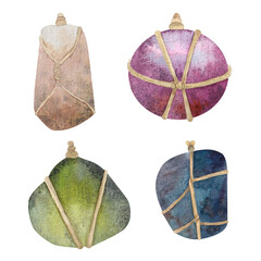 a set of stones for pendants, pendants, wrapped in rope. Red, green, brown, blue, mother-of-pearl, stone. Hand drawn in watercolors, cut out on white background