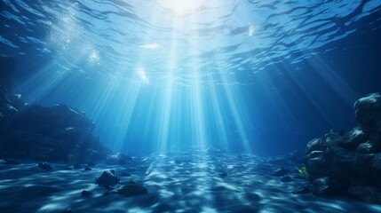 Fototapeta premium Underwater sea - Blue Abyss With Sunlight - Diving And Scuba Background - Generative AI
