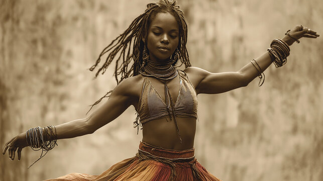 Woman in a traditional African dance costume, with long braids and a colorful skirt.