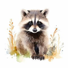 Fototapeta na wymiar Watercolor drawing of a raccoon in the grass on a white background. Wild animal illustration. Printable print.