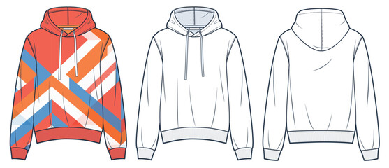 Hoodie technical fashion illustration, geometric design. Sweatshirt fashion flat technical drawing template, relaxed fit, front, back view, white, orange color, women, men, unisex Top CAD mockup set. © Liubov Hladka