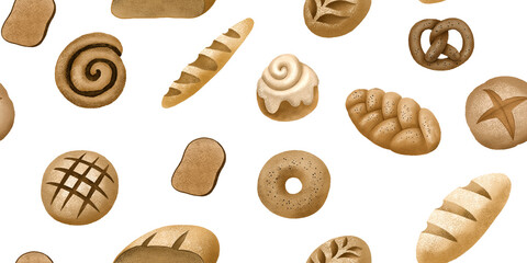 Endless pattern with bread and bakery products. Baked goods background. Hand drawn fresh bakery pattern. Seamless background.