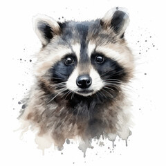Obraz premium Watercolor drawing of a raccoon in the grass on a white background. Wild animal illustration. Printable print.