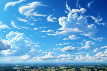 aerial view of beautiful landscape with blue sky, white cumulus clouds and plain with fields and trees for abstract background