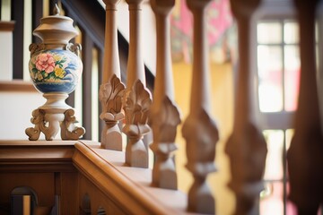 detailed craftsmanship on tudor wooden staircase - obrazy, fototapety, plakaty