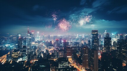 city lights, skyscrapers reflecting fireworks, bustling streets, rooftop party venue with text space - Generative AI