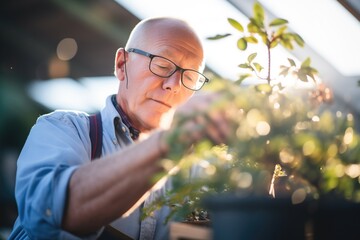 bonsai expert grafting a branch under bright light - obrazy, fototapety, plakaty