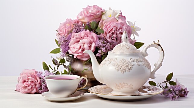 A classic teapot and cup arrangement on a pristine white background creates an elegant tableau, the high-definition photo highlighting the timeless beauty of tea time.