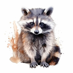 Obraz premium Watercolor drawing of a raccoon in the grass on a white background. Wild animal illustration. Printable print.