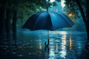 Blue umbrella in heavy rain. embracing rainy weather concept with nature background