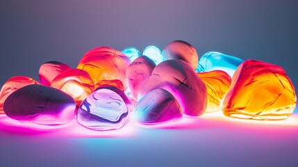 A close-up perspective of isolated neon-colored rocks on a white background, capturing the bright and electrifying hues in this visually striking composition.