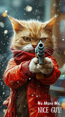 A painting of a cat holding a gun with words no more mr nice guy.