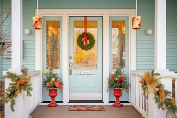 central door with sidelights, seasonal decorations, porch