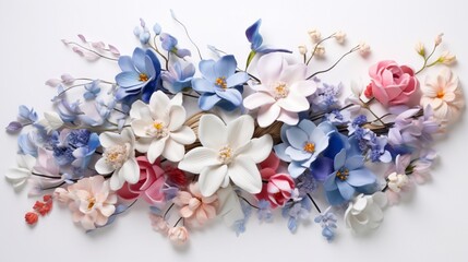 a cluster of white, blue, and pink flowers set against a pure white surface.