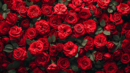 Full Frame of Red Roses with Dark Foliage