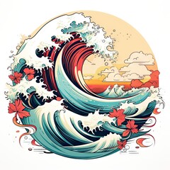 Epic Surf's Embrace: A Majestic Sunset Wave in Harmonious Hues.