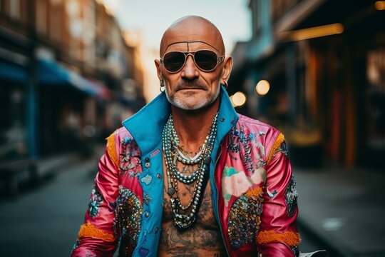 Portrait of an old man with tattoos on his arms and sunglasses.