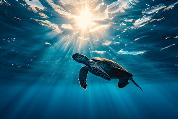 Fototapeta premium Silhouette of a sea turtle swimming towards the sunlight filtering through the ocean's surface, evoking a sense of freedom and tranquility.