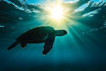 Silhouette of a sea turtle swimming towards the sunlight filtering through the ocean's surface, evoking a sense of freedom and tranquility.