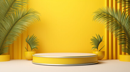 3D stage cylinder podium mockup with palm tree sunny