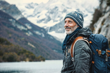 Fototapeta na wymiar Mature Hiker Smiling in Mountains. Generative AI
