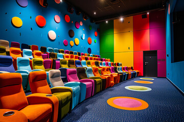 A colorful cinema hosting a children's movie screening, featuring family-friendly animated films...