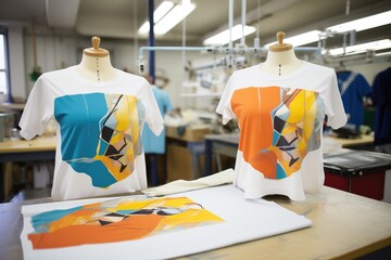 silk-screen printing on t-shirts in studio - obrazy, fototapety, plakaty