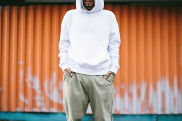 person wearing white hoodie, hands in pockets